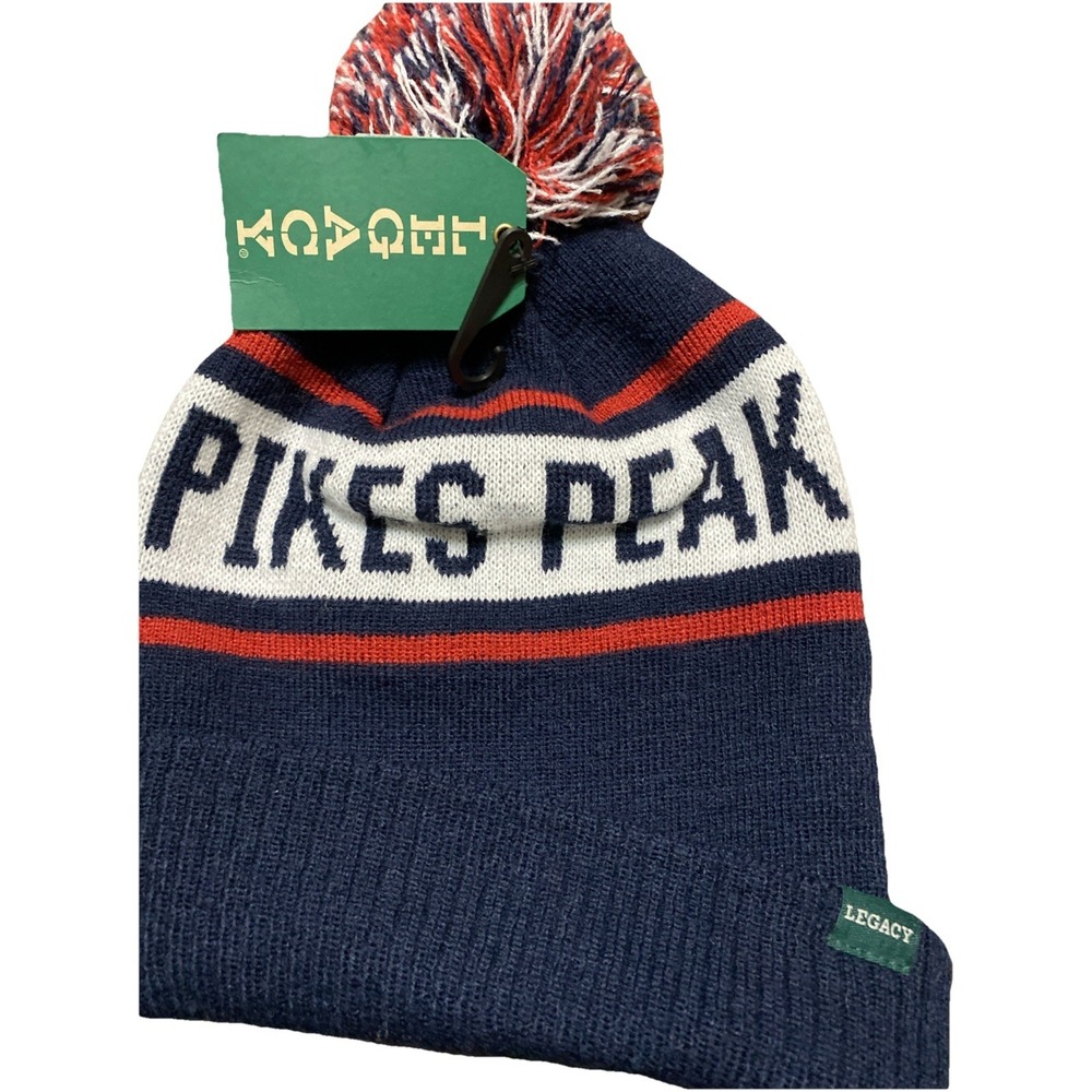 New Pikes Peak Hat Mtn Colorado Warm Red White Blue Beanie Pom Pom Cap
